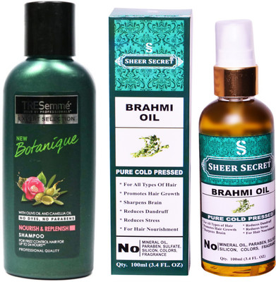 

SHEER SECRET BRAHMI OIL 100ML (PURE COLD PRESSED) and TRESEMME 190 ML BOTANIQUE SHAMPOO(Set of 2)