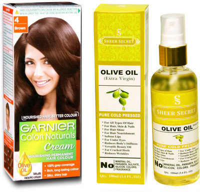 

SHEER SECRET OLIVE OIL 100 ML (PURE COLDPRESSED) and HAIR COLOUR BOX NATURAL BROWN NO. 4(Set of 2)