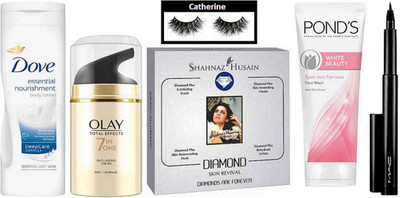 

catherine eyelashes, shahnaz husain diamond facial kit, dove essential nourishment body lotion, olay total effect cream, mac liquid eyeliner, ponds white beauty spot-less face wash(Set of 6)