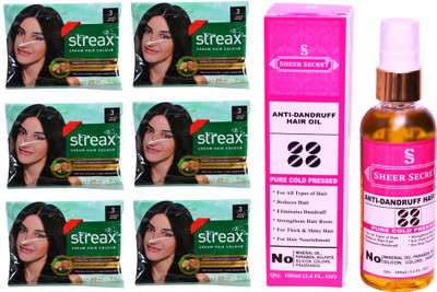 

SHEER SECRET ANTI DANDRUFF OIL 100 ML (PURE COLDPRESSED) and STREAX COLOUR 6 SACHET DARK BROWN NO. 3(Set of 2)