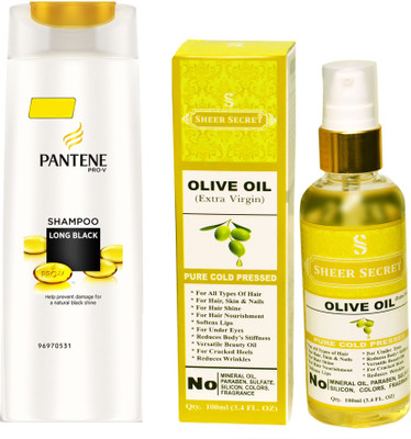 

SHEER SECRET OLIVE OIL 100ML (PURE COLD PRESSED) and PANTENE LONG BLACK SHAMPOO 340 ML(Set of 2)