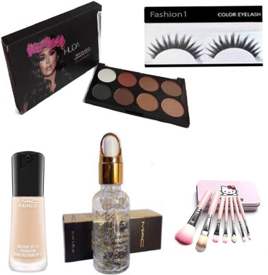 

FASHION 1 Combo of mac smoothing perfecting primer,mineralize foundation,eye shadow,kitty brush set with eyelashes(Set of 5)