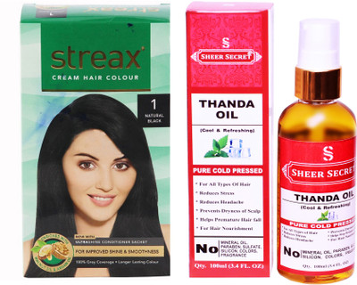 

SHEER SECRET THANDA OIL 100 ML (PURE COLDPRESSED) and STREAX COLOUR REGULAR NATURAL BLACK NO. 1(Set of 2)