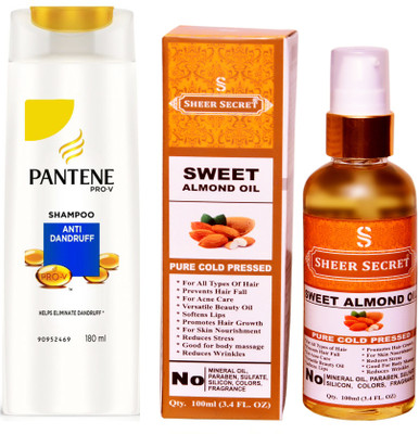 

SHEER SECRET SWEET ALMOND OIL 100ML (PURE COLD PRESSED) and PANTENE 180 ML ANTI DANDRUFF SHAMPOO(Set of 2)