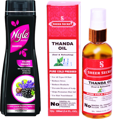 

SHEER SECRET THANDA OIL 100ML (PURE COLD PRESSED) and NYLE 400 ML VOLUME ENHANCE SHAMPOO(Set of 2)