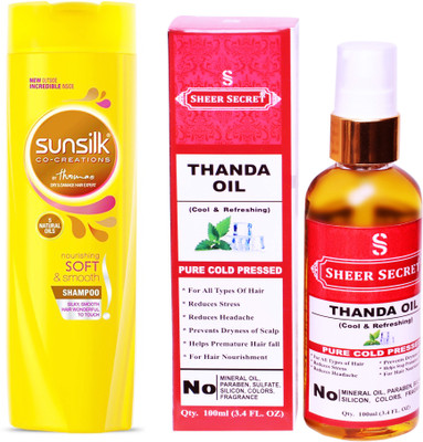 

SHEER SECRET THANDA OIL 100ML (PURE COLD PRESSED) and SUNSILK 180 ML NOURISHING SOFT AND SMOOTH SHAMPOO(Set of 2)