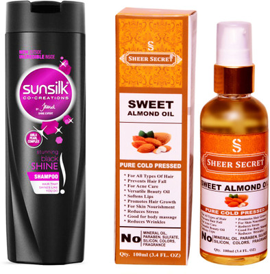 

SHEER SECRET SWEET ALMOND OIL 100ML (PURE COLD PRESSED) and SUNSILK 180 ML STUNNING BLACK SHINE SHAMPOO(Set of 2)