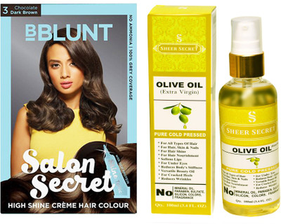

SHEER SECRET OLIVE OIL 100 ML (PURE COLDPRESSED) and HAIR COLOUR CHOCOLATE DARK BROWN NO. 3(Set of 2)