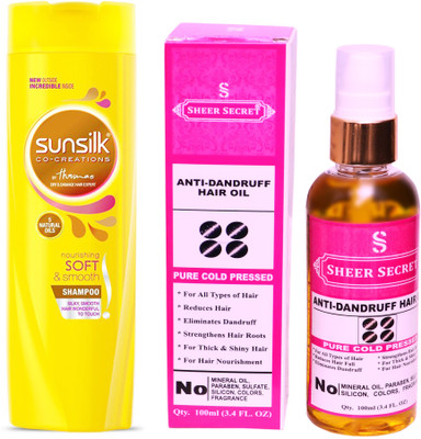 

SHEER SECRET ANTI DANDRUFF OIL 100ML (PURE COLD PRESSED) and SUNSILK 180 ML NOURISHING SOFT AND SMOOTH SHAMPOO(Set of 2)