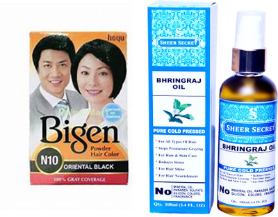 

SHEER SECRET BHRINGRAJ OIL 100 ML (PURE COLDPRESSED) and HAIR COLOUR ORIENTAL BLACK N10(Set of 2)
