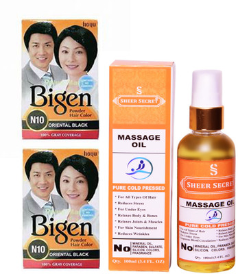 

SHEER SECRET MASSAGE OIL 100 ML (PURE COLDPRESSED) and HAIR COLOUR 2 ORIENTAL BLACK N10(Set of 2)