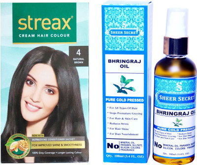 SHEER SECRET BHRINGRAJ OIL 100 ML (PURE COLDPRESSED) and COLOUR REGULAR NATURAL BROWN NO. 4(Set of 2)