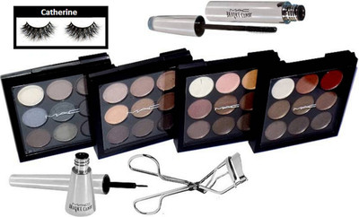 

catherine Eyelashes, Mac Brooke Candy Liner and Mascara, 9 Shade Eyeshadow Palette set of 4 with eyelashes curler(Set of 8)