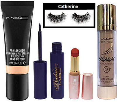 

catherine eyelashes with mac pro long wear foundation, highlighter, padma eyeliner, lakme 9to5 lipstick,(Set of 5)