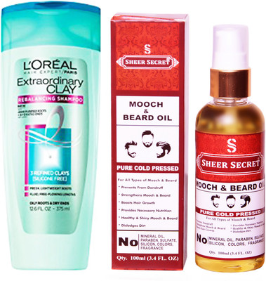

SHEER SECRET MOOCH AND BEARD OIL 100 ML (PURE COLDPRESSED) and LOREAL EXTRA ORDINARY CLAY SHAMPOO 175ML(Set of 2)