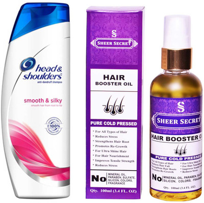 

SHEER SECRET HAIR BOOSTER OIL 100ML (PURE COLD PRESSED) and HEAD & SHOULDERS 180 ML SMOOTH AND SILKY SHAMPOO(Set of 2)