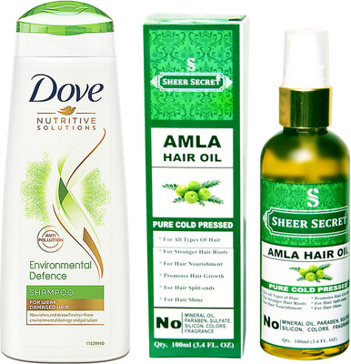 

SHEER SECRET AMLA OIL 100ML (PURE COLD PRESSED) and DOVE 180 ML ENVIRONMENTAL DEFENCE SHAMPOO(Set of 2)