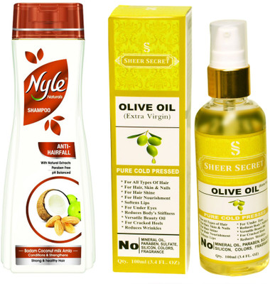 

SHEER SECRET OLIVE OIL 100ML (PURE COLD PRESSED) and NYLE 400 ML ANTI HAIRFALL SHAMPOO(Set of 2)