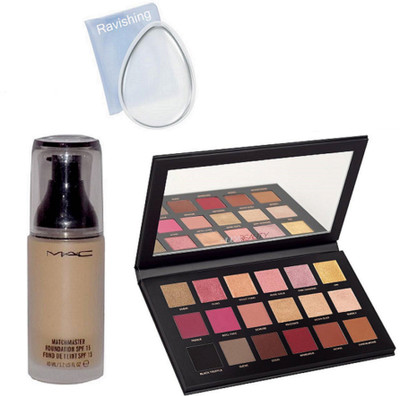 

ravishing silicone puff, MAC MATCHMASTER foundation & Huda eye shadow 18 shades palette(Set of 3)