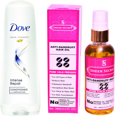 

SHEER SECRET ANTI DANDRUFF OIL 100ML (PURE COLD PRESSED) and DOVE 170 ML INTENSE REPAIR CONDITIONER(Set of 2)