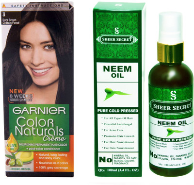 

SHEER SECRET NEEM OIL 100 ML (PURE COLDPRESSED) and HAIR COLOUR BOX DARK BROWN NO. 3(Set of 2)