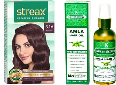 

SHEER SECRET AMLA HAIR OIL 100 ML (PURE COLDPRESSED) and COLOUR REGULAR BURGUNDY NO. 3.16(Set of 2)