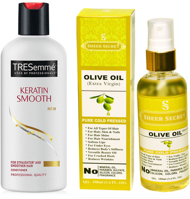 

SHEER SECRET OLIVE OIL 100ML (PURE COLD PRESSED) and TRESEMME 190 ML KERATIN SMOOTH CONDITIONER(Set of 2)