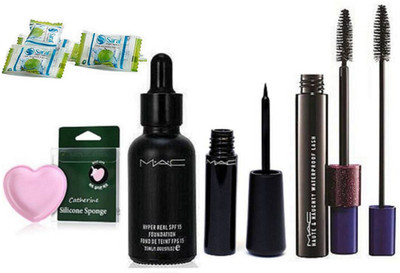 

catherine Silicon Puff with Hyper Real Foundation & Liquid Eyeliner With Double effect Mascara, magic napkin pack of 4(Set of 8)