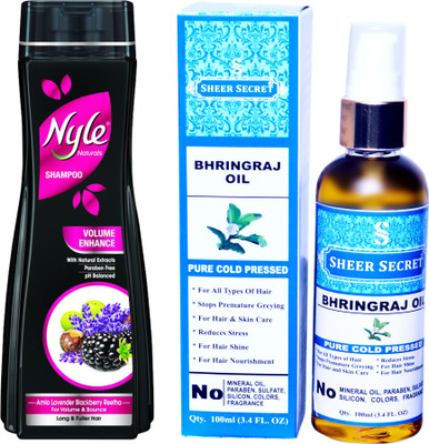 

SHEER SECRET BHRINGRAJ OIL 100ML (PURE COLD PRESSED) and NYLE 400 ML VOLUME ENHANCE SHAMPOO(Set of 2)
