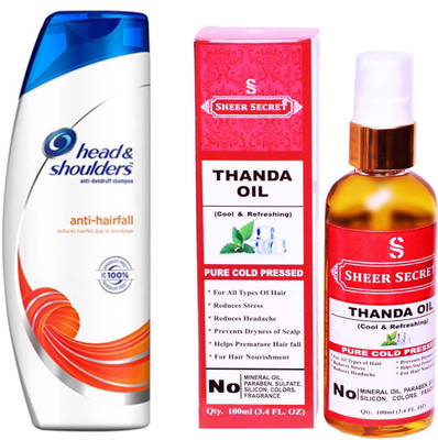 

SHEER SECRET THANDA OIL 100ML (PURE COLD PRESSED) and HEAD & SHOULDERS 180 ML ANTI HAIRFALL SHAMPOO(Set of 2)