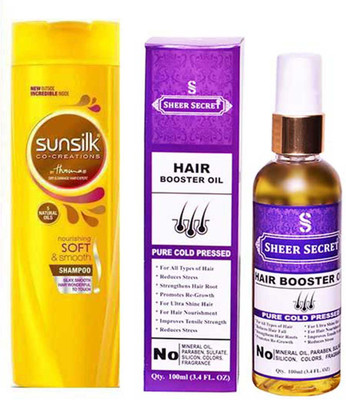 

SHEER SECRET HAIR BOOSTER OIL 100ML (PURE COLD PRESSED) and SUNSILK NOURISHING SOFT AND SMOOTH SHAMPOO 340 ML(Set of 2)