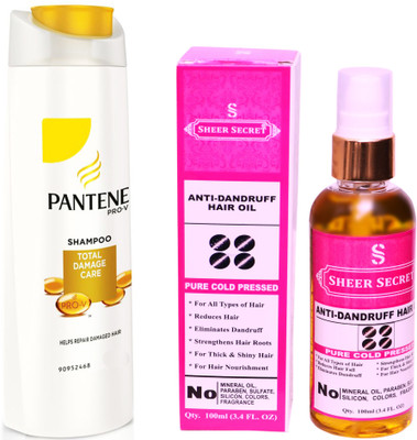 

SHEER SECRET ANTI DANDRUFF OIL 100ML (PURE COLD PRESSED) and PANTENE TOTAL DAMAGE CARE SHAMPOO 340 ML(Set of 2)