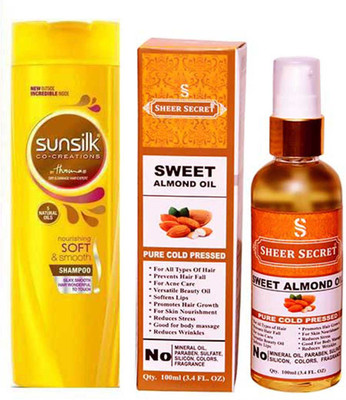 

SHEER SECRET SWEET ALMOND OIL 100ML (PURE COLD PRESSED) and SUNSILK NOURISHING SOFT AND SMOOTH SHAMPOO 340 ML(Set of 2)