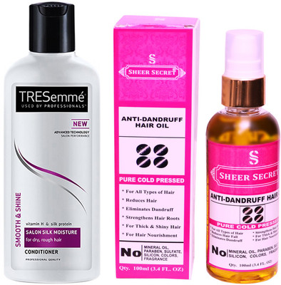 

SHEER SECRET ANTI DANDRUFF OIL 100ML (PURE COLD PRESSED) and TRESEMME 190 ML SALON SILK MOISTURE CONDITIONER(Set of 2)