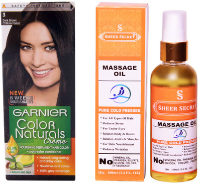 

SHEER SECRET MASSAGE OIL 100 ML (PURE COLDPRESSED) and HAIR COLOUR BOX DARK BROWN NO. 3(Set of 2)
