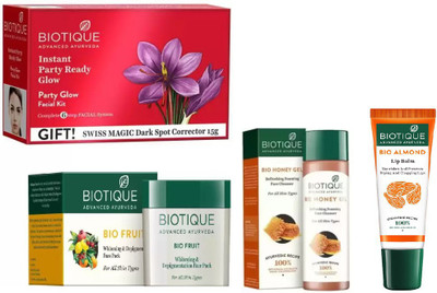 

BIOTIQUE BIO PARTY GLOW FACIAL KIT, Honey Gel Refreshing Foaming Face cleanser , Fruit Whitening & Depigmentation Face Pack, LIP CARE(Set of 4)