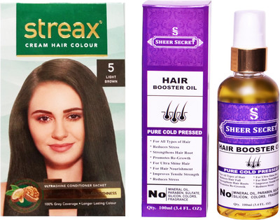 

SHEER SECRET HAIR BOOSTER OIL 100 ML (PURE COLDPRESSED) and COLOUR REGULAR LIGHT BROWN NO. 5(Set of 2)