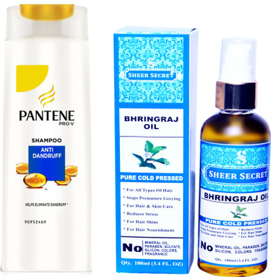 

SHEER SECRET BHRINGRAJ OIL 100ML (PURE COLD PRESSED) and PANTENE ANTI DANDRUFF SHAMPOO 340 ML(Set of 2)