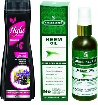 SHEER SECRET NEEM OIL 100ML (PURE COLD PRESSED) and NYLE 400 ML VOLUME ENHANCE SHAMPOO(Set of 2)
