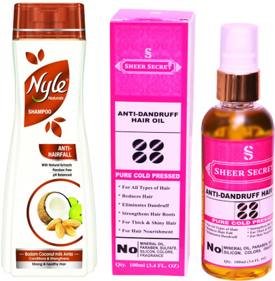 

SHEER SECRET ANTI DANDRUFF OIL 100ML (PURE COLD PRESSED) and NYLE 400 ML ANTI HAIRFALL SHAMPOO(Set of 2)
