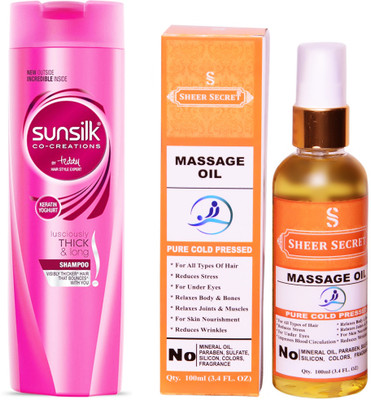 

SHEER SECRET MASSAGE OIL 100ML (PURE COLD PRESSED) and SUNSILK 180 ML LUSCIOUSLY THICK AND LONG SHAMPOO(Set of 2)