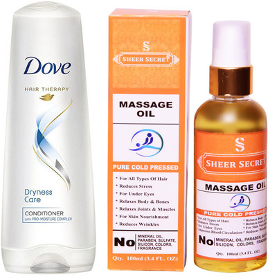 

SHEER SECRET MASSAGE OIL 100ML (PURE COLD PRESSED) and DOVE 180 ML DRYNESS CARE CONDITIONER(Set of 2)