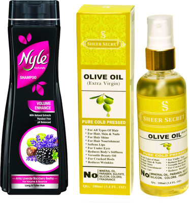 

SHEER SECRET OLIVE OIL 100ML (PURE COLD PRESSED) and NYLE 400 ML VOLUME ENHANCE SHAMPOO(Set of 2)