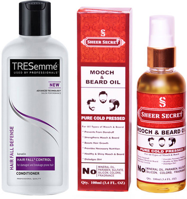

SHEER SECRET MOOCH AND BEARD OIL 100ML (PURE COLD PRESSED) and TRESEMME 190 ML HAIR FALL DEFENCE CONDITIONER(Set of 2)