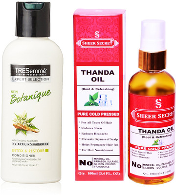 

SHEER SECRET THANDA OIL 100ML (PURE COLD PRESSED) and TRESEMME 190 ML BOTANIQUE CONDITIONER(Set of 2)