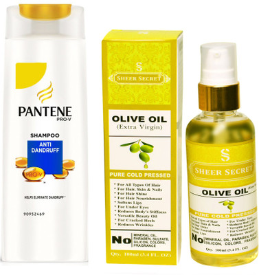 

SHEER SECRET OLIVE OIL 100ML (PURE COLD PRESSED) and PANTENE ANTI DANDRUFF SHAMPOO 340 ML(Set of 2)