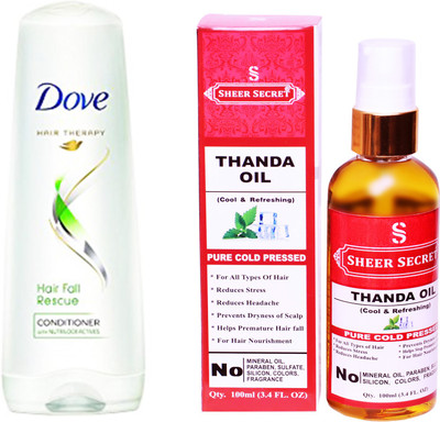 

SHEER SECRET THANDA OIL 100ML (PURE COLD PRESSED) and DOVE 180 ML HAIRFALL RESCUE CONDITIONER(Set of 2)