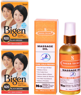 

SHEER SECRET MASSAGE OIL 100 ML (PURE COLDPRESSED) and HAIR COLOUR 2 BLACK BROWN N20(Set of 2)