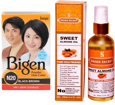 

SHEER SECRET SWEET ALMOND OIL 100 ML (PURE COLDPRESSED) and HAIR COLOUR BLACK BROWN N20(Set of 2)