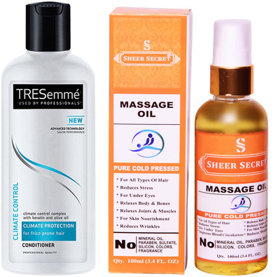 

SHEER SECRET MASSAGE OIL 100ML (PURE COLD PRESSED) and TRESEMME 190 ML CLIMATE CONTROL CONDITIONER(Set of 2)